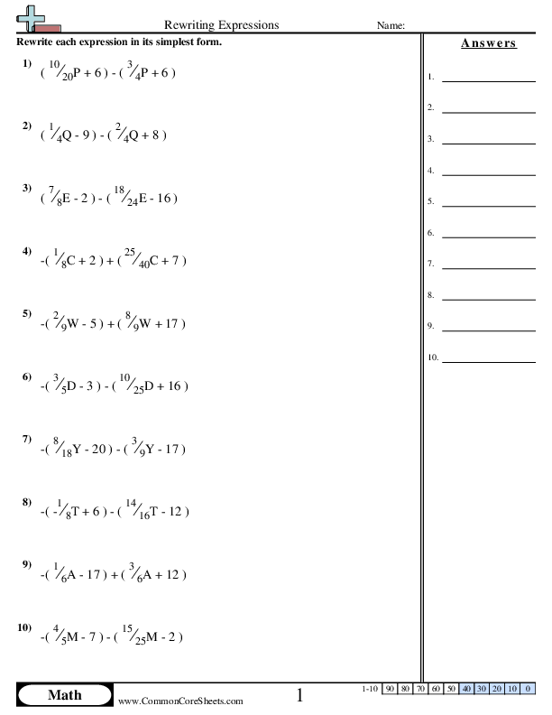 Algebra Worksheets - Rewriting Expressions worksheet